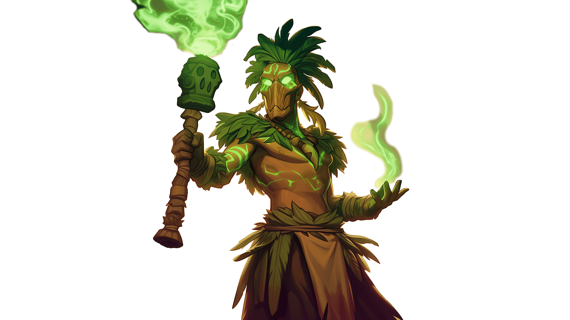 naturalist character with a staff and a mask
