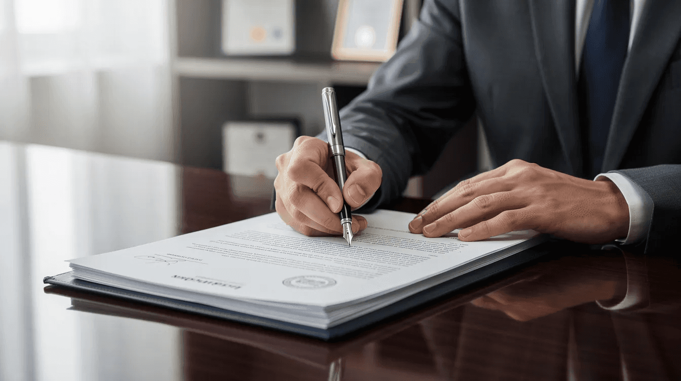 A professional is seen signing official legal documents with a pen at a polished desk, emphasizing the importance of maintaining adequate insurance and liability protection for personal and business assets. This act reflects a commitment to robust asset protection strategies, essential for safeguarding personal wealth and limiting personal liability.