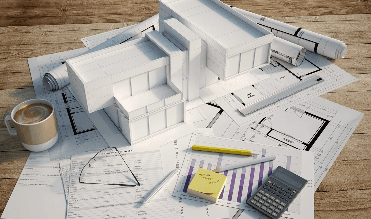 Modern luxury house on a hillside surrounded by trees, featuring large glass windows, a terrace, and a small pool at sunset.