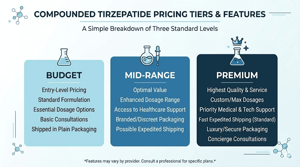 Compounded tirzepatide pricing tiers comparison infographic