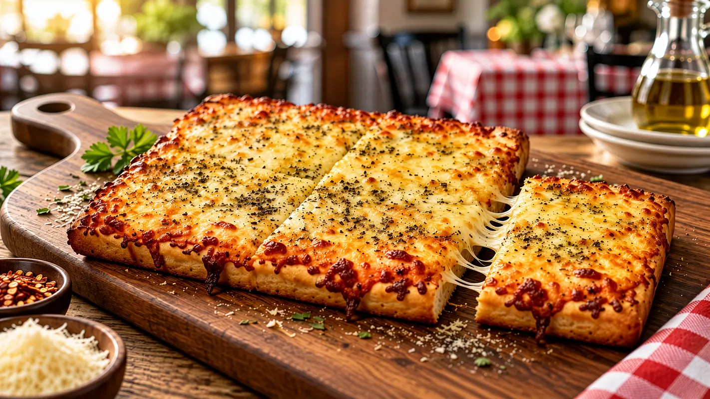 Garlic cheese bread cut into portions, with melted cheese stretching between pieces on a wooden board.