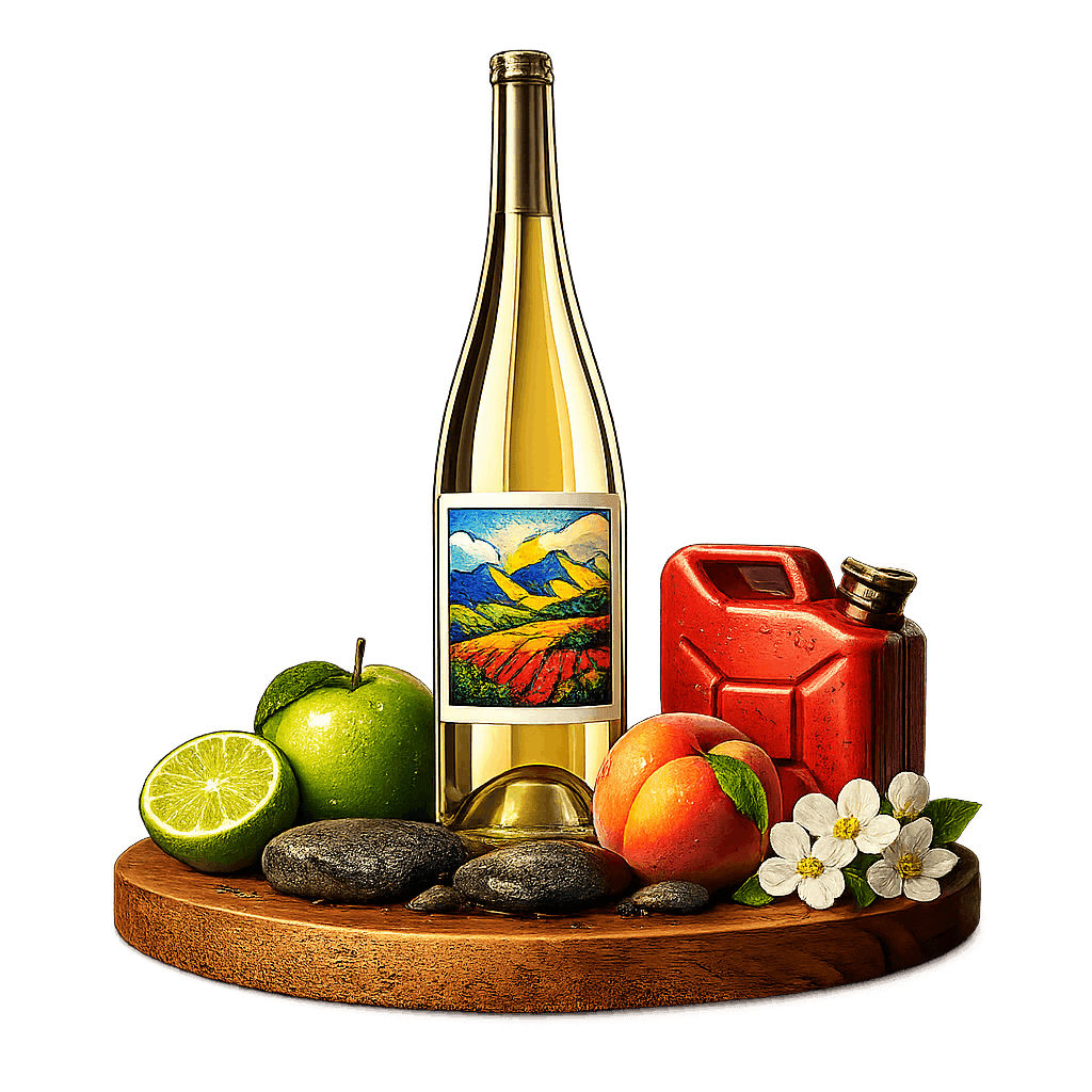 Artistic label and flavor profile for Malokarpatska Riesling on a rustic wooden table.