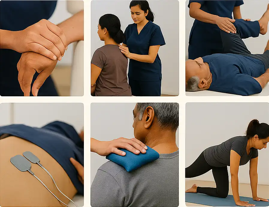 Collage showing physiotherapy treatments for back and neck pain — manual therapy, stretching, heat therapy, and strengthening exercises.
