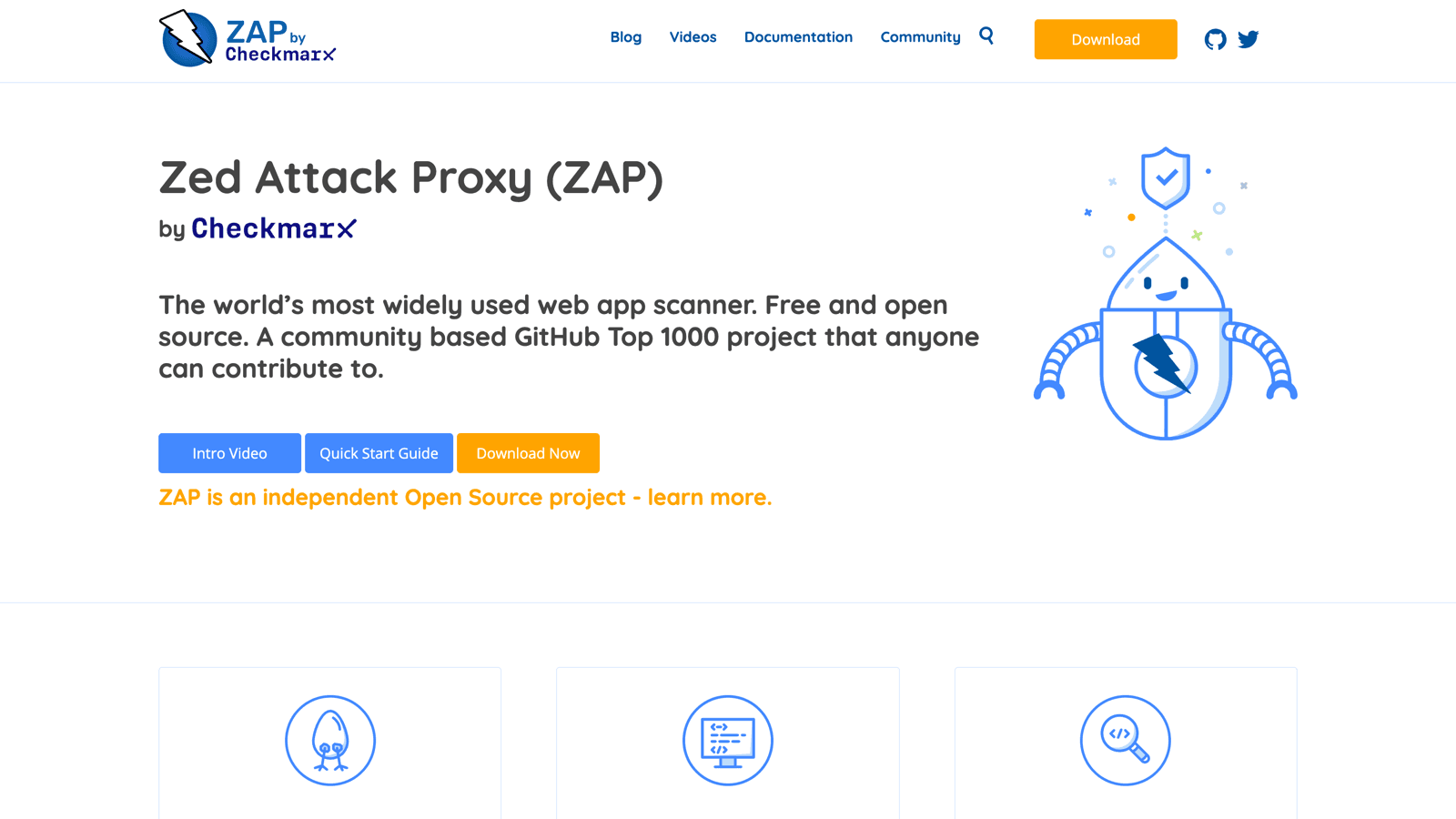 ZAP by Checkmarx homepage describing the world's most widely used web app scanner, free and open source