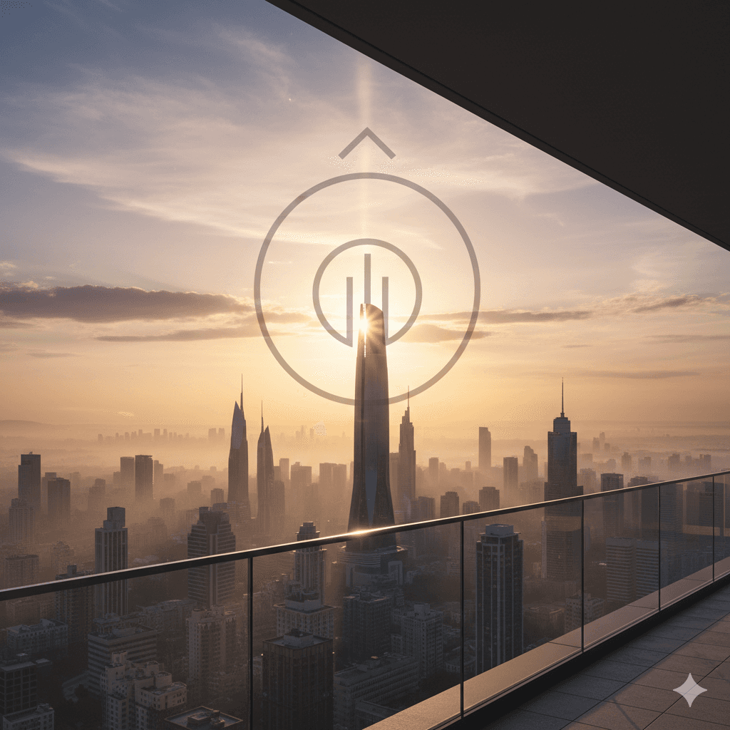 Modern high-rise residential tower silhouette at sunset, luxury balcony view, MMR Mumbai skyline.