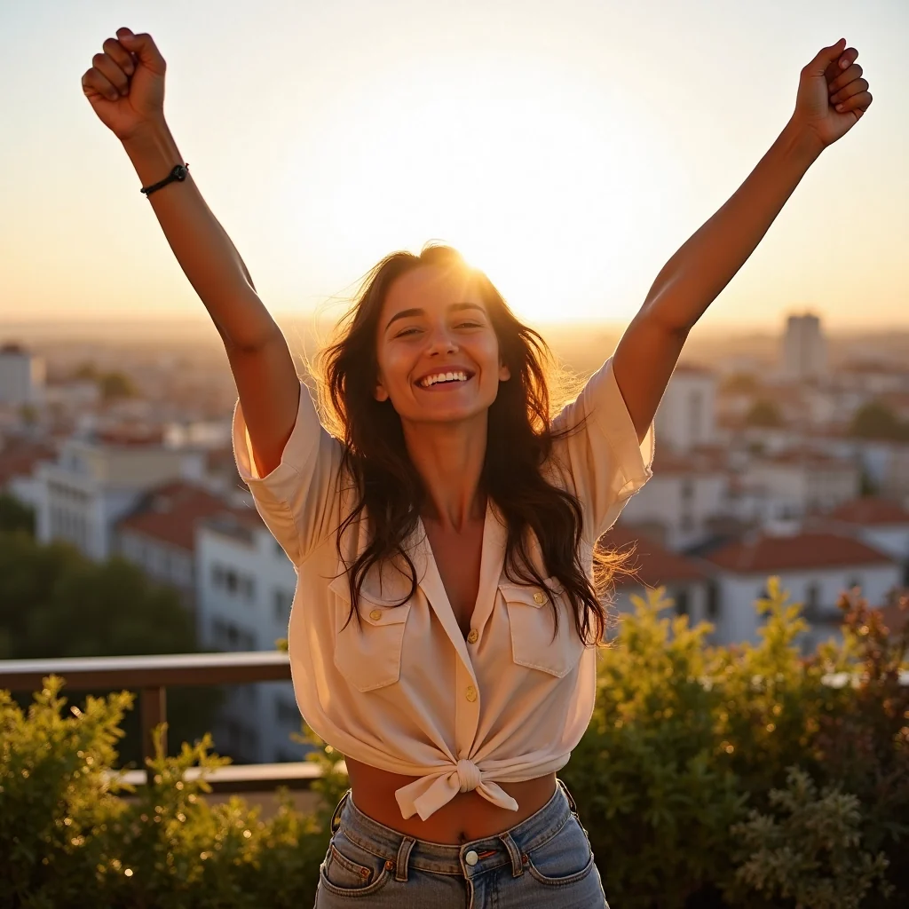 Personne levant les bras en signe de réussite sur un balcon ensoleillé