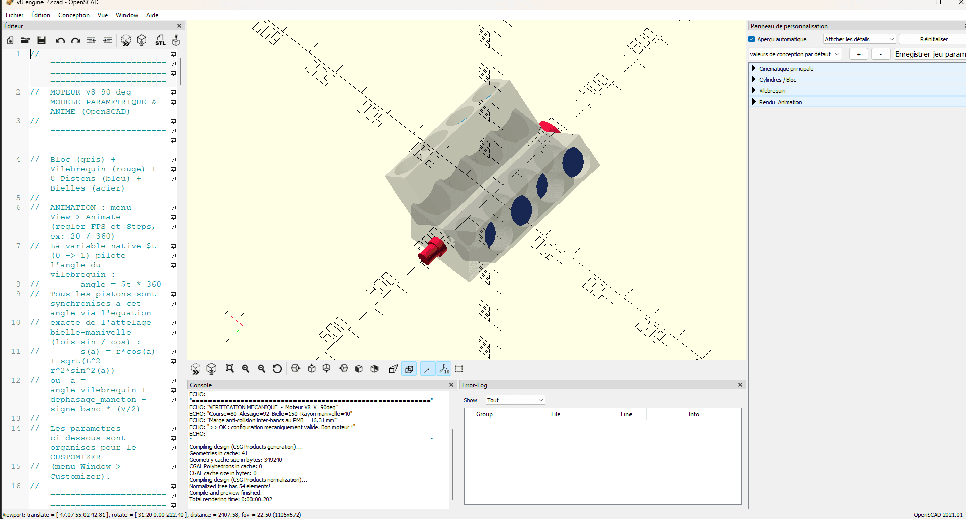 OpenSCAD workspace showing an isometric 3D view of an optimized V8 engine block with blue pistons flush inside the cylinders, displaying successful console validation data and active customizer panels on the right.