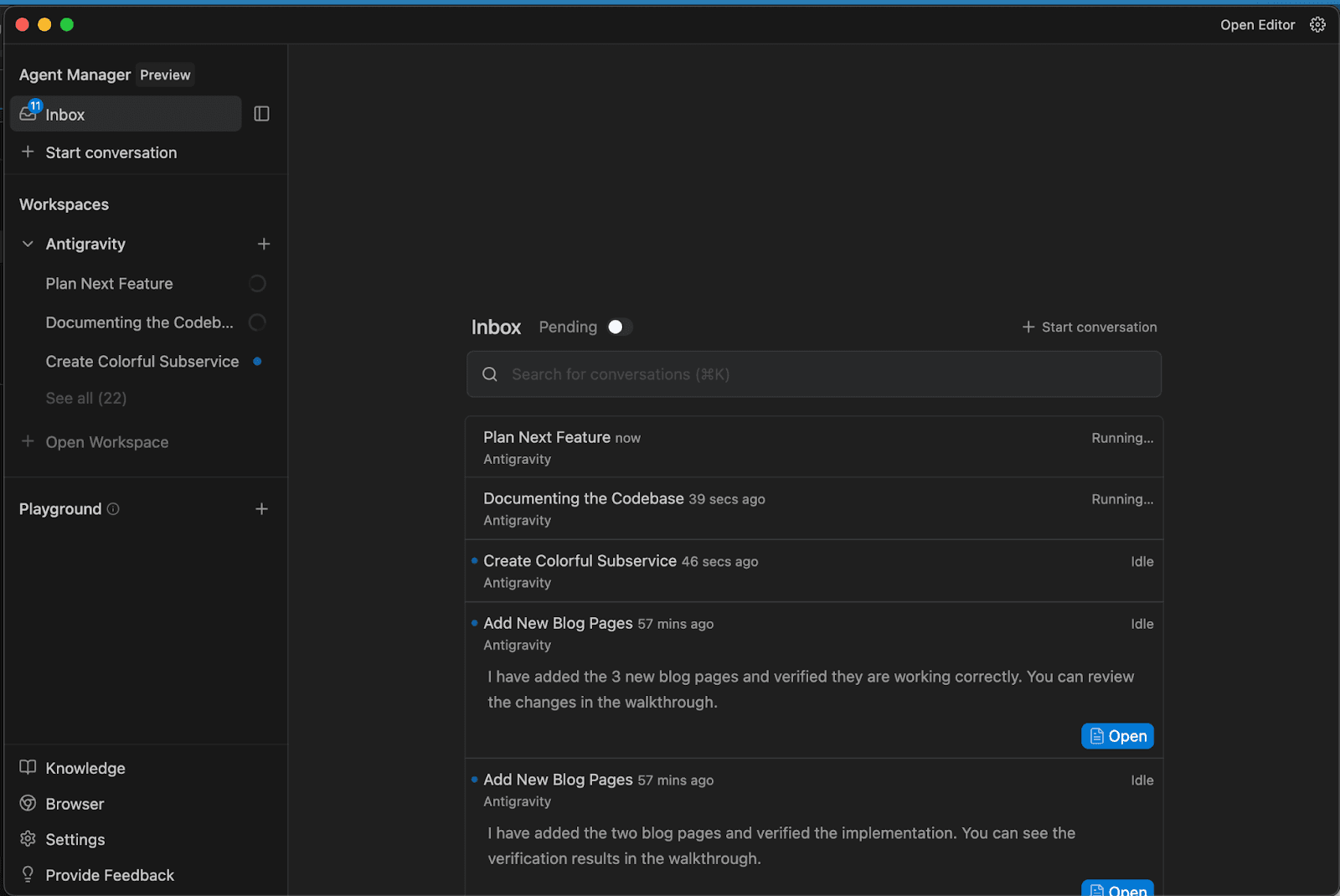 Agent Manager interface shows an inbox with a list of active agents executing separate tasks.