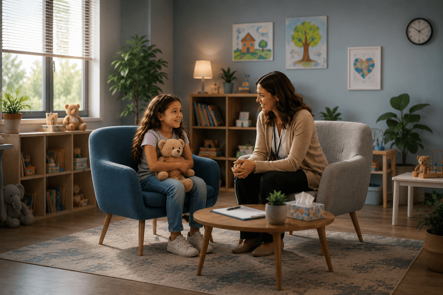 Child counselor talking with a smiling child in a safe, child-friendly therapy room.