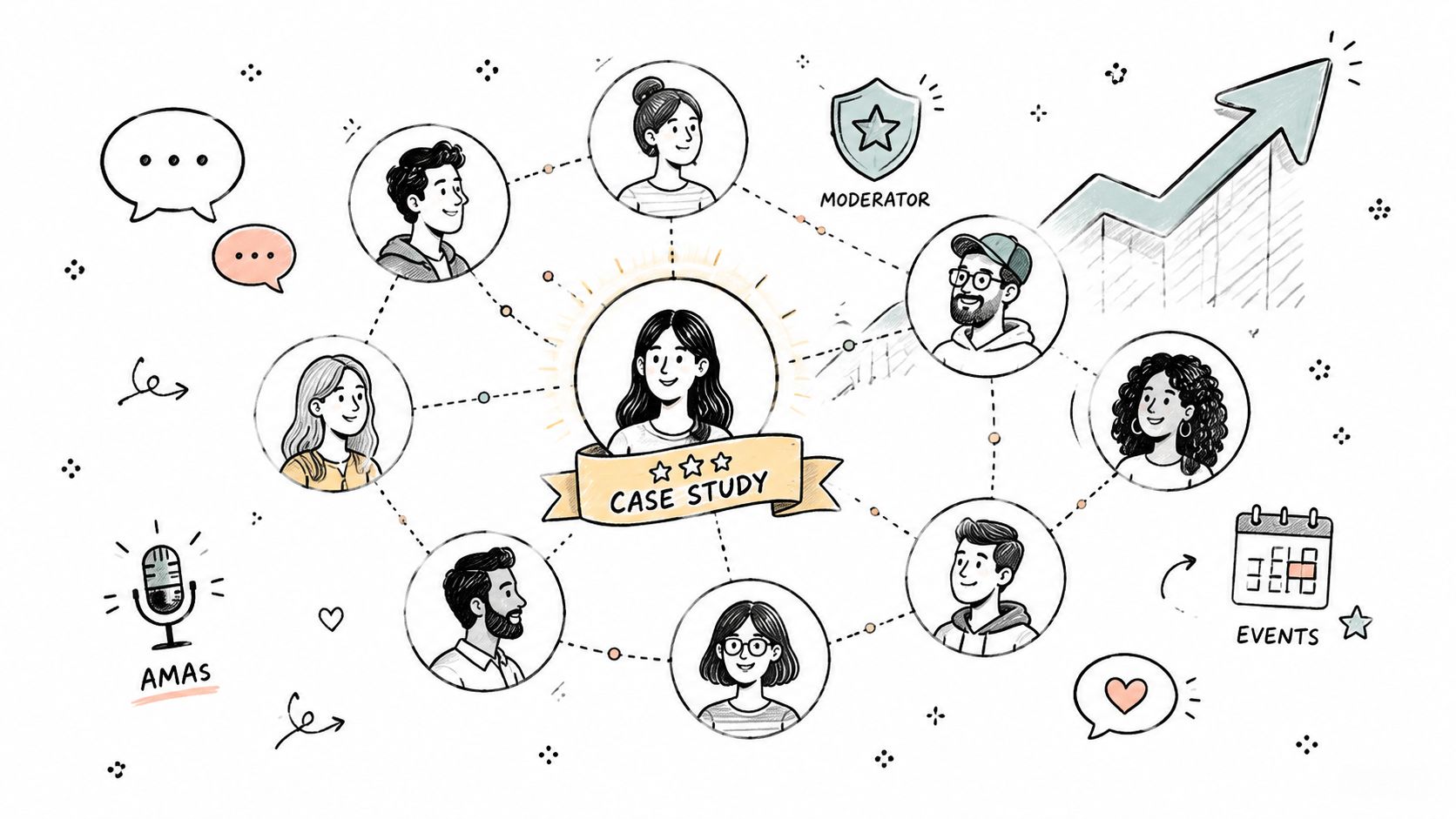A hand-drawn illustration showing a central case study figure connected to various people, icons, and growth charts.