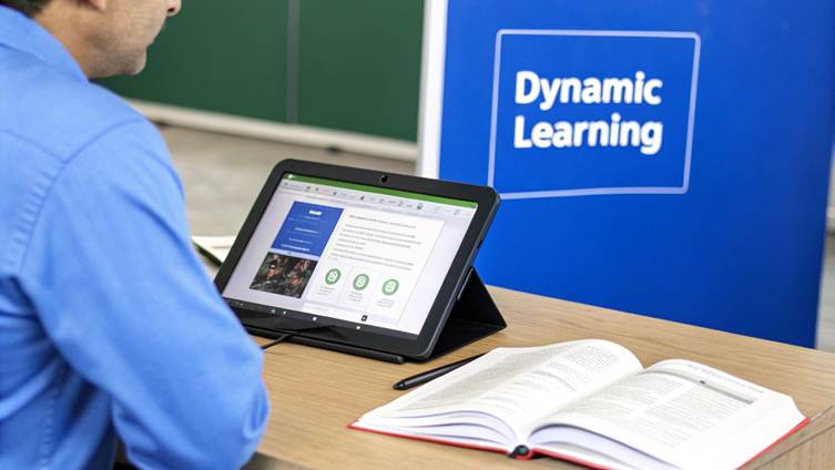 A person views educational content on a tablet, with an open book and a pen on a wooden desk, and a 'Dynamic Learning' banner in the background.
