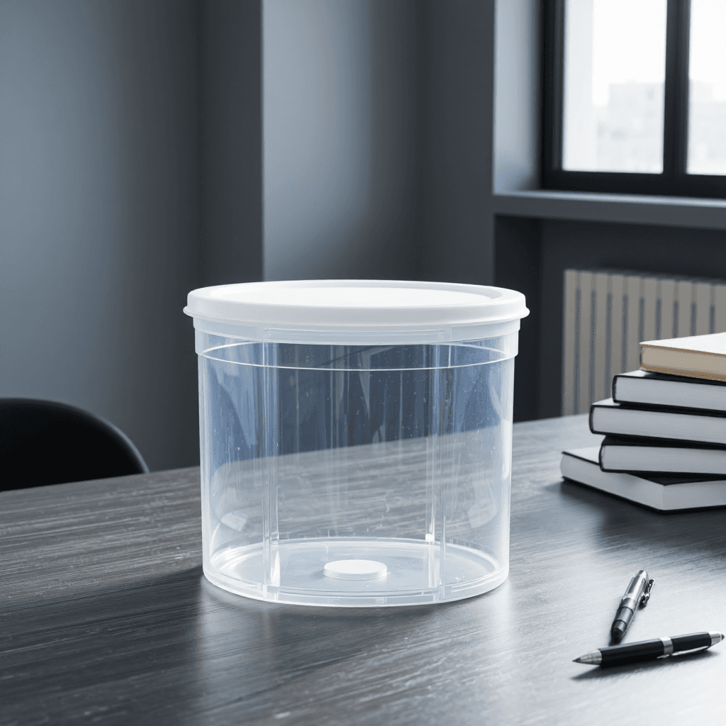 product photography of a transparent storage box with a lid, used for organizing items