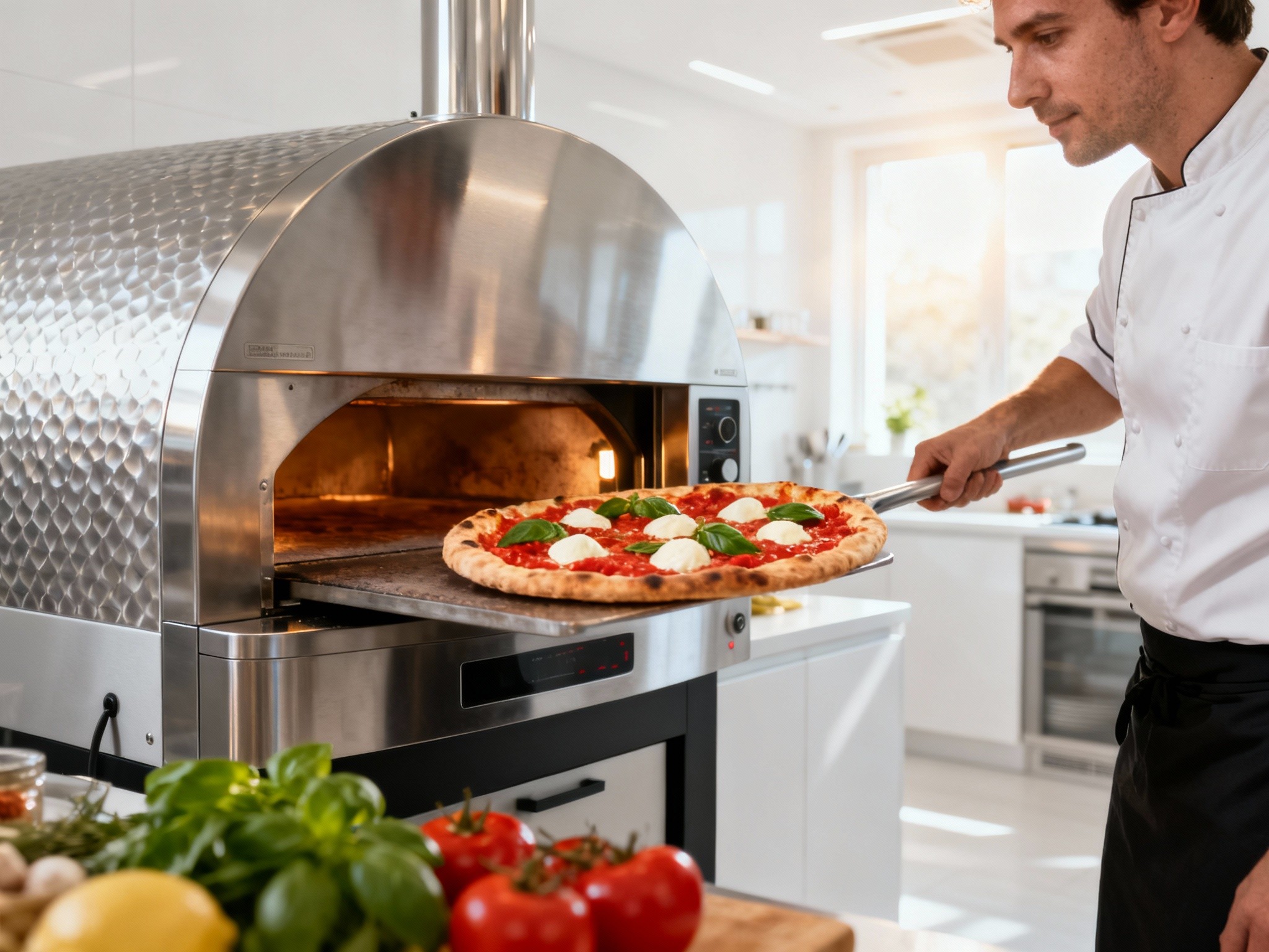 An editorial-style image capturing an artisan chef sliding a freshly baked pizza out of a sleek