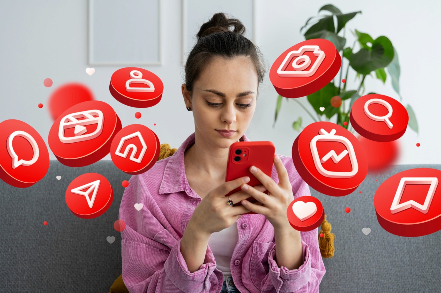  A woman engaged with her phone, surrounded by various social media icons, illustrating digital connectivity.