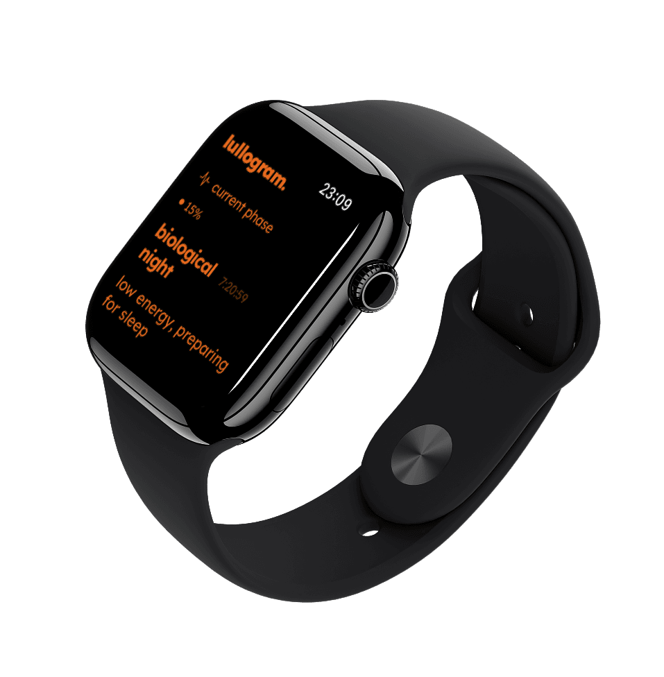 Lullogram Apple Watch app showing the current biological night phase and circadian energy level.