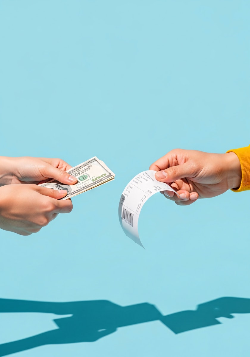 a hand holding two black cards with the words buy and sell written on them