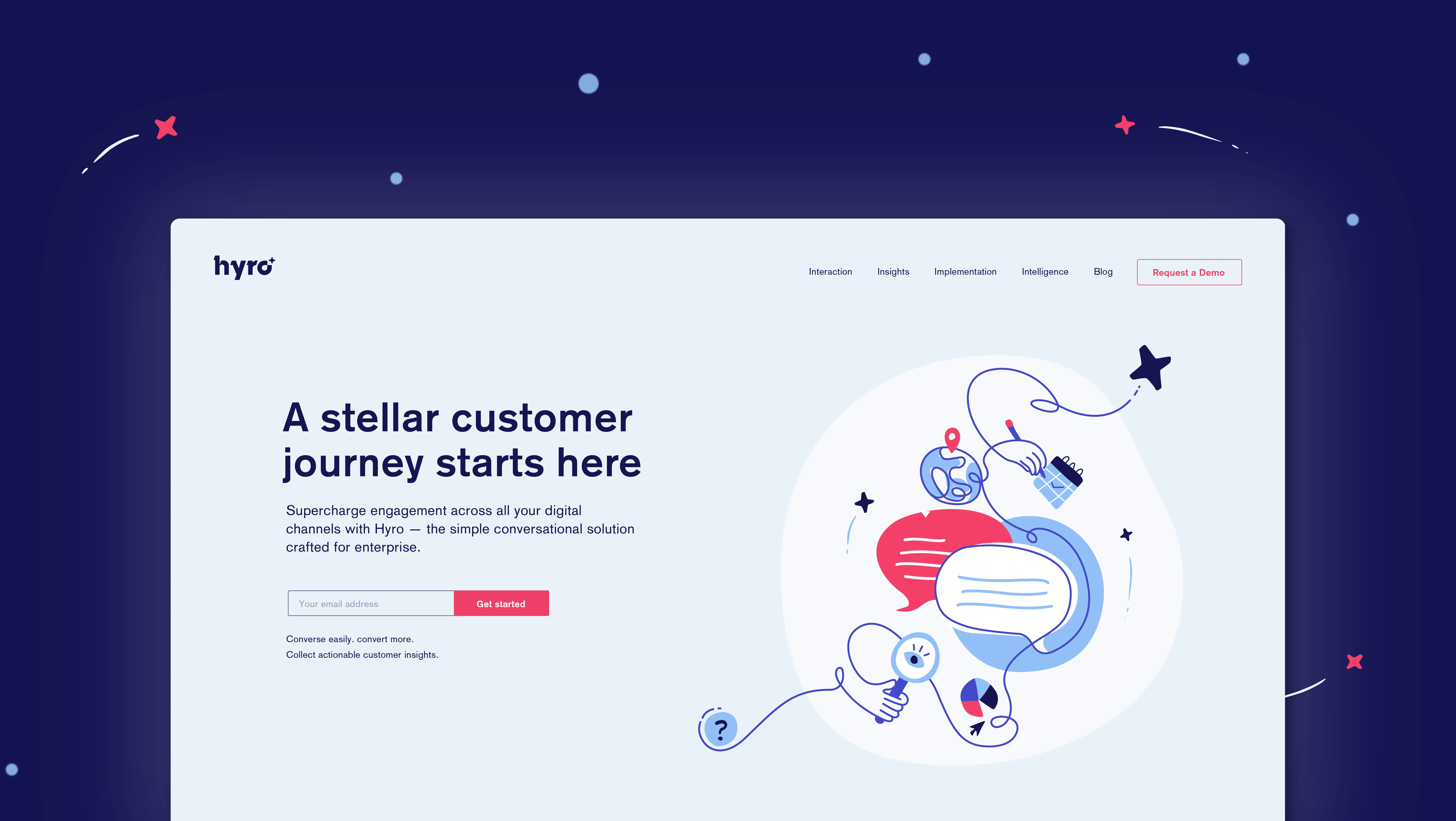Hyro website hero reading "A stellar customer journey starts here" with a conversational AI illustration