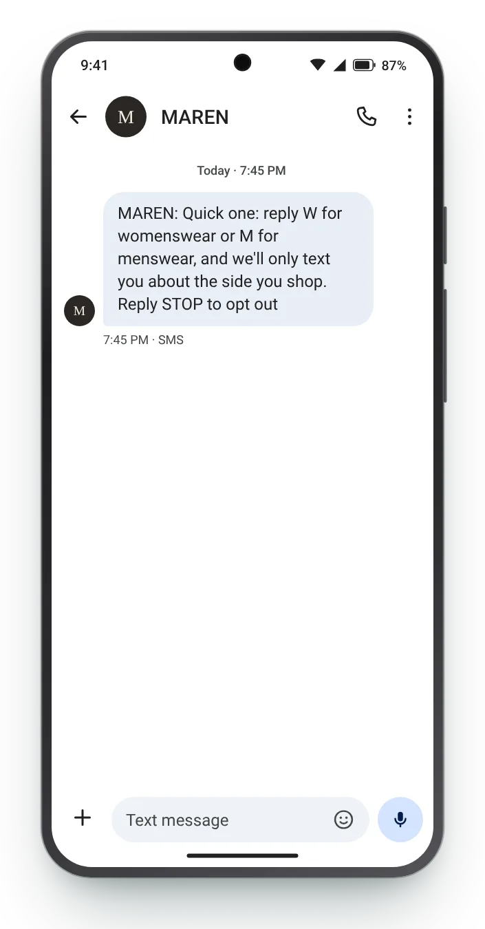 One reply to pick a department first-week SMS on an Android phone