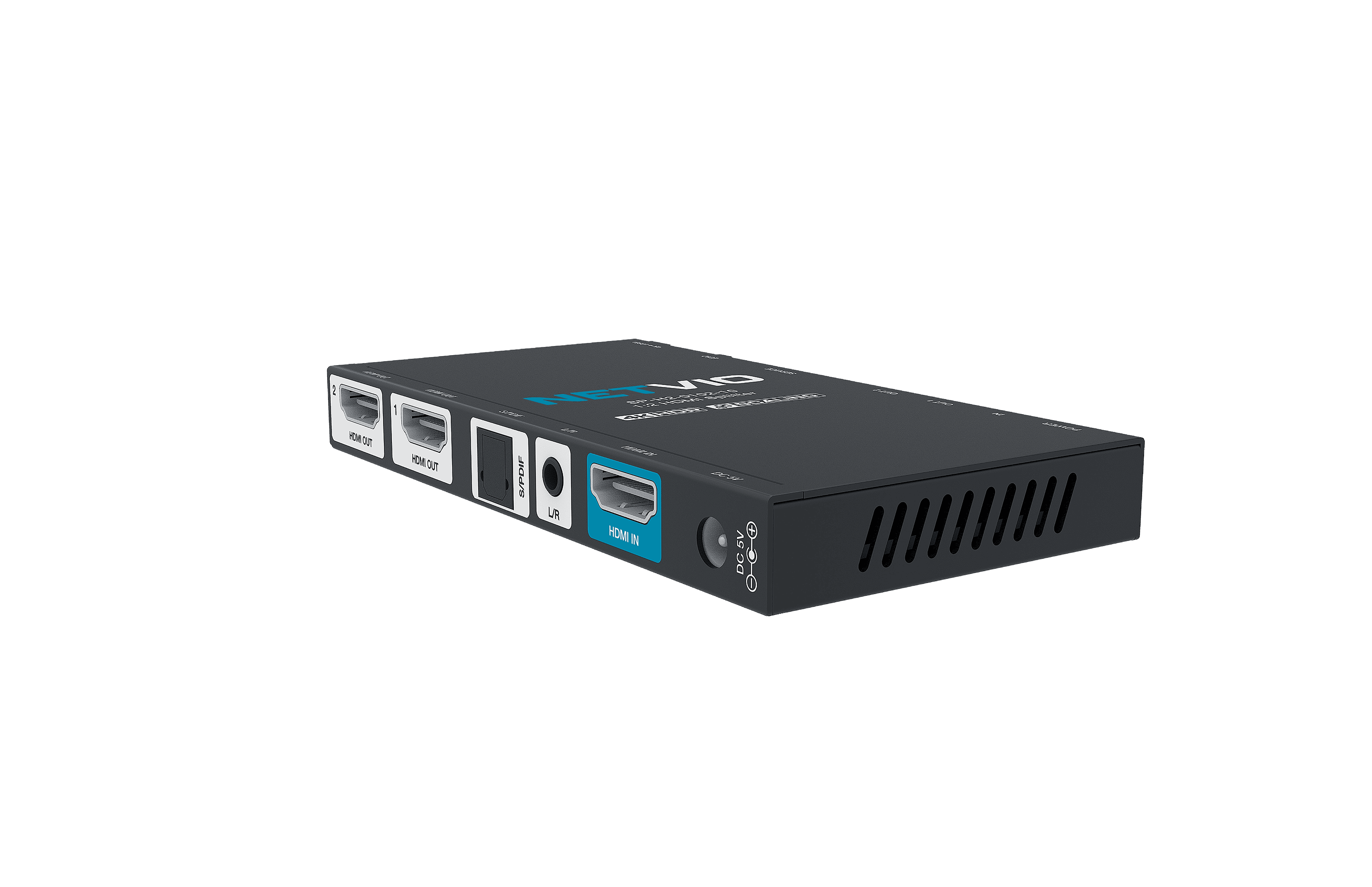 Black HDMI splitter with multiple ports.