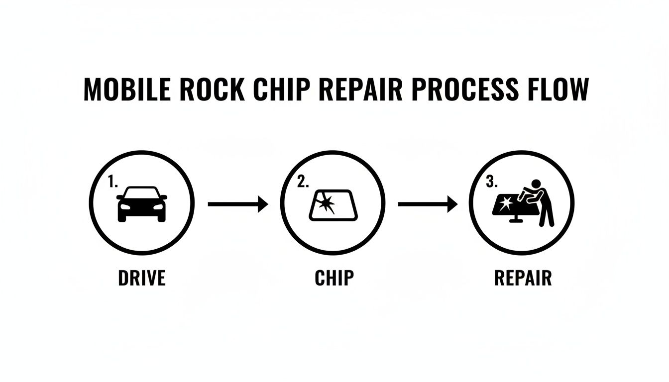 Flowchart detailing the mobile rock chip repair process in three steps: drive, chip, repair.