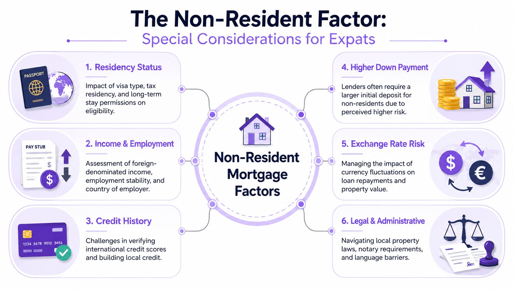 An infographic detailing the six key financial and legal considerations for non-residents obtaining a mortgage abroad.