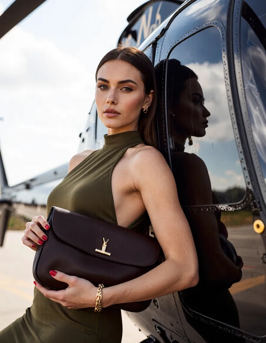 Woman in olive dress holding luxury handbag beside helicopter in editorial fashion portrait