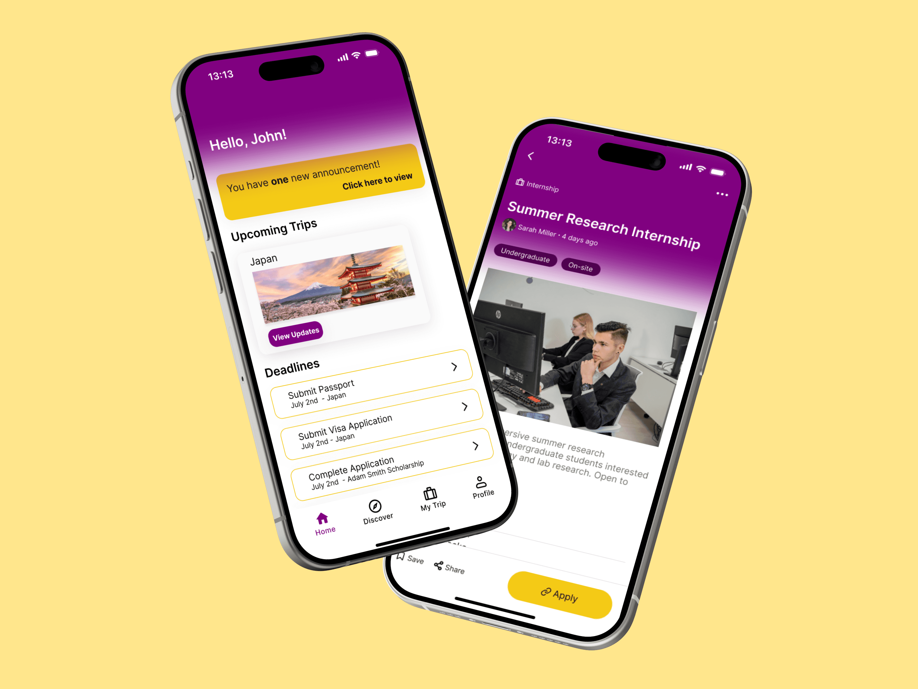 2 iPhones with a prototype of the EMIC mobile application design