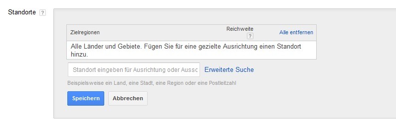 Darstellung, wie Sie in Google AdWords den Standort einrichten.