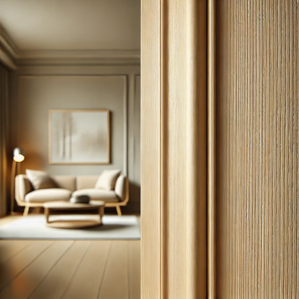 a high-quality steam beech wood door frame with its natural creamy tones and fine grain, set in a modern interior