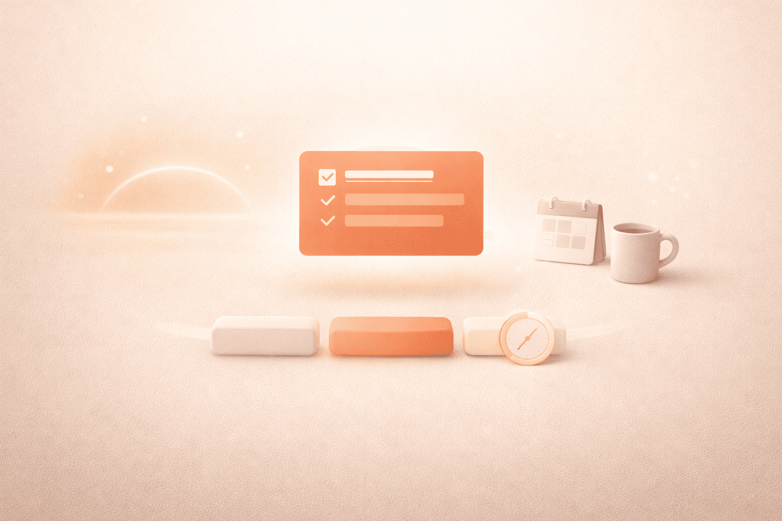 Minimalistische 3D-Illustration auf cremebeigem Hintergrund mit einer schwebenden korallorangenen Aufgabenkarte im Zentrum, flankiert von sanftem Morgenlicht, Kaffeetasse und Kalenderblock sowie einer abstrakten Zeitleiste und einem kleinen Timer-Element für fokussierte Morgenarbeit.