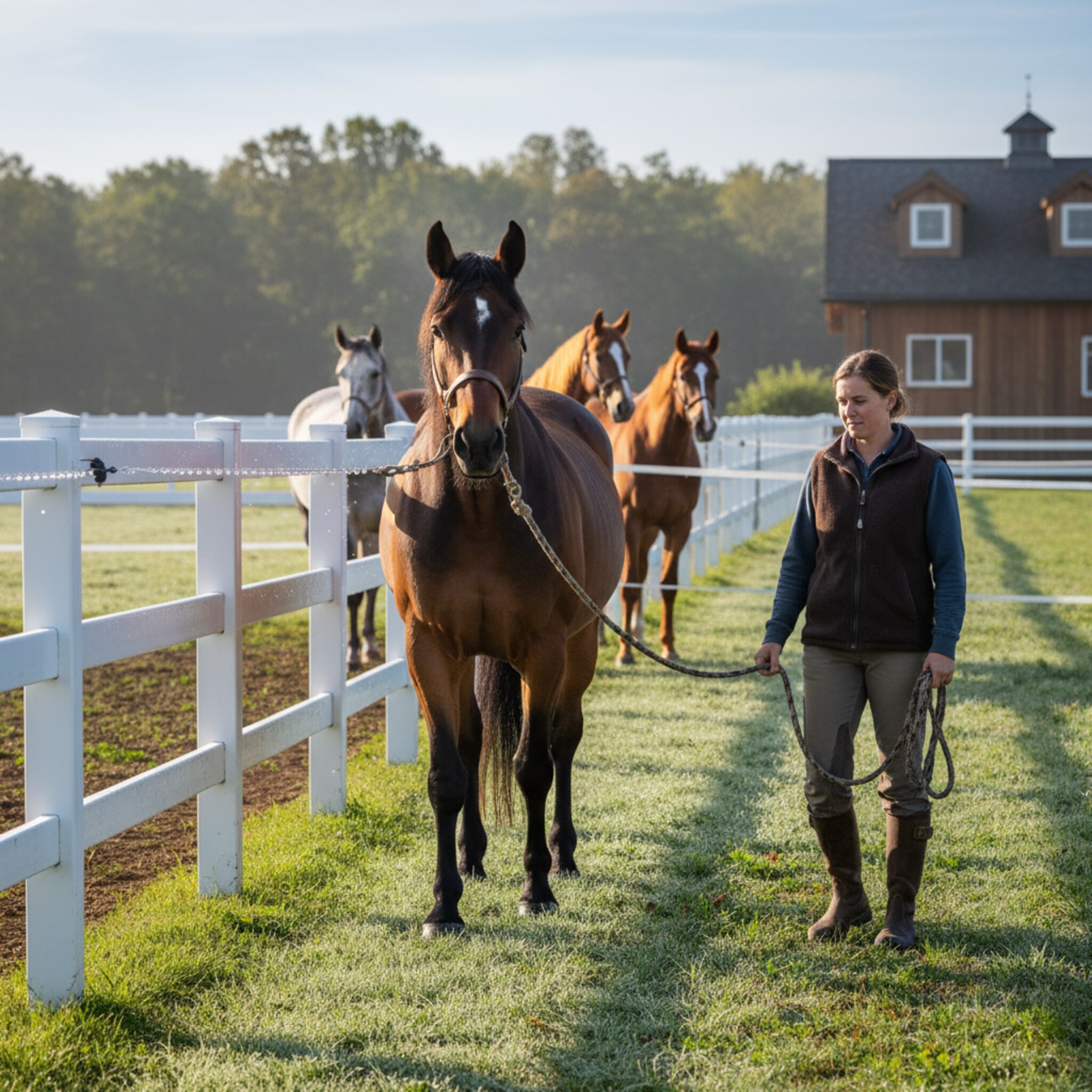 Früher Morgen auf der Weide: Tau perlt am Zaun, ein Pferd scharrt ungeduldig. Ein Stallmitarbeiter öffnet das Band, hält das Halfter locker und lässt das Tier auf das frische Stück Gras treten. Im Hintergrund warten weitere Pferde ruhig. Die Szene wirkt geordnet und zeitlich abgestimmt.