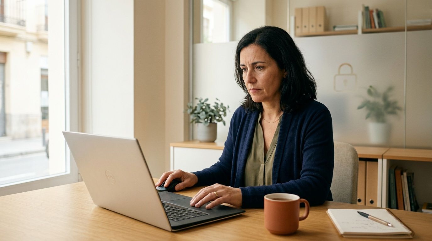 Mujer concentrada trabajando en su laptop con un mouse en una oficina moderna y luminosa.