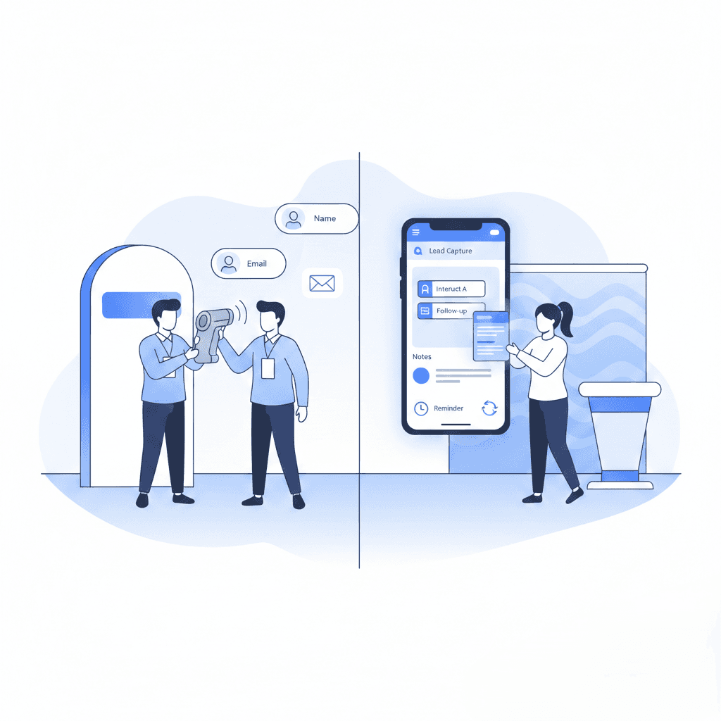 Vector illustration comparing lead retrieval and lead capture at a trade show, showing Habsy smartphone lead capture app with tags, notes, and CRM sync alongside basic badge scanning.