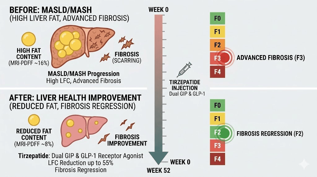 Tirzepatide liver fat reduction and MASH resolution visualization