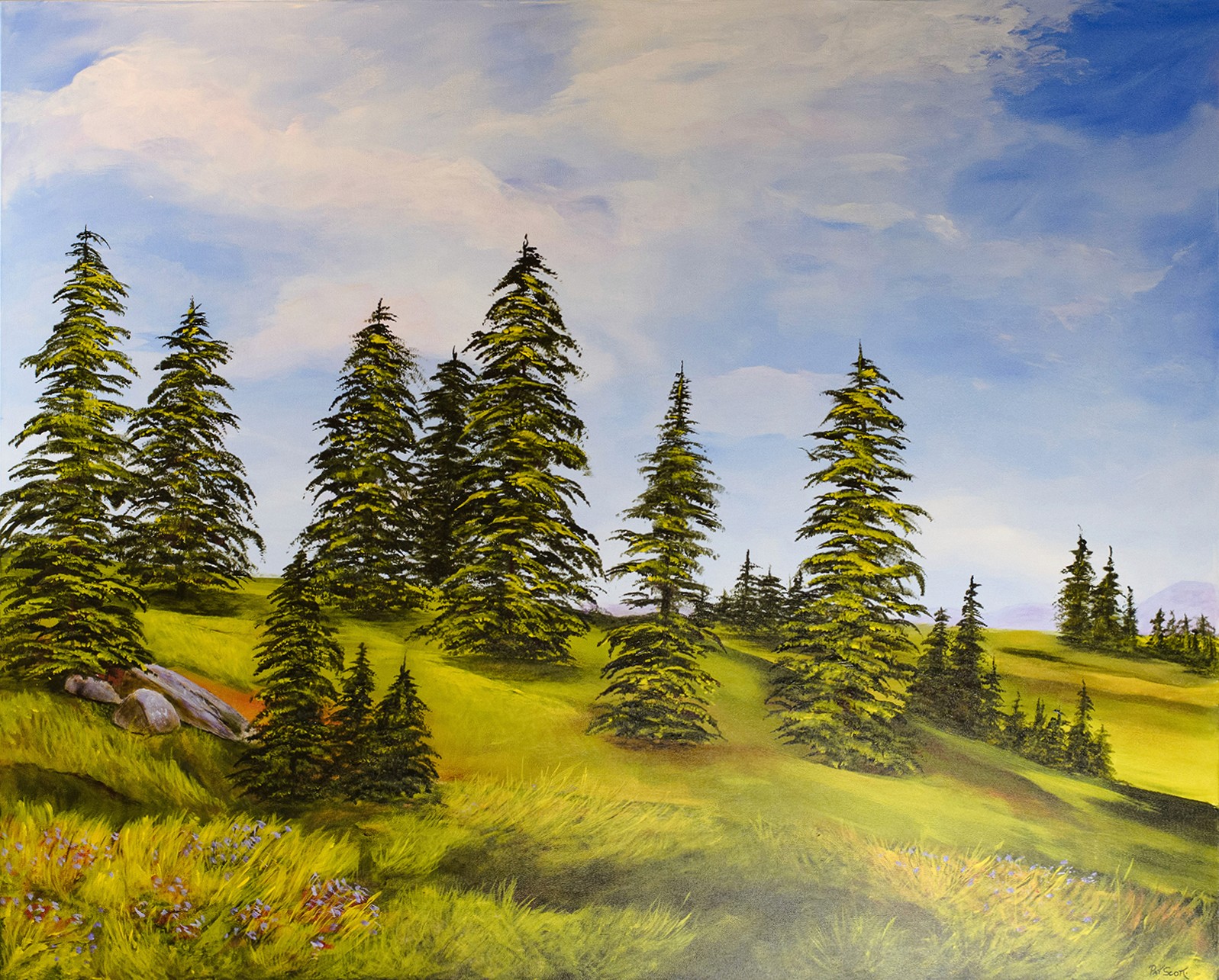 A tranquil hillside on a sunny day captures the grass swaying in the wind and evergreens standing tall, reaching up towards the partially cloudy sky.