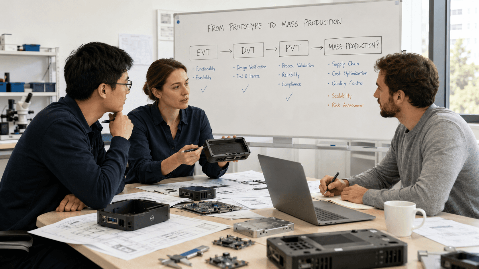 Engineering team reviewing EVT, DVT, PVT, and mass production readiness steps during a hardware product scale-up planning meeting.