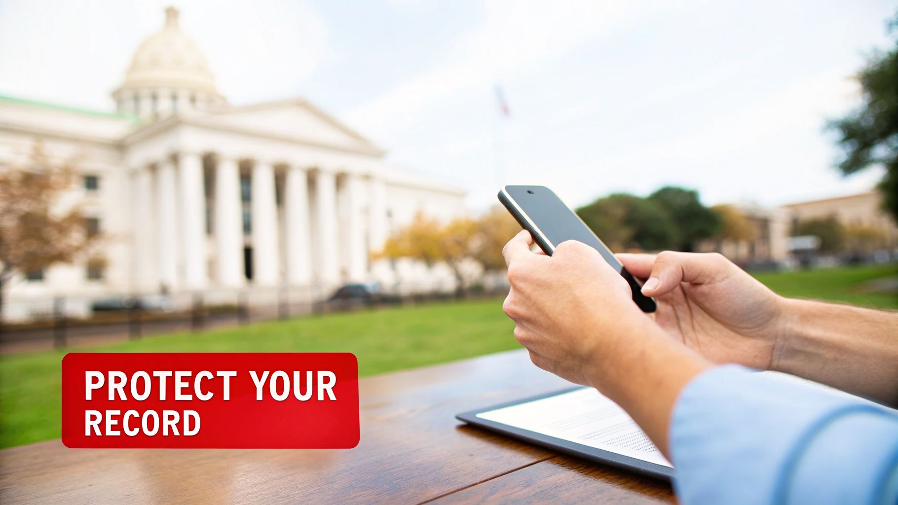 Hands hold a smartphone and tablet on a wooden table with a government building in the background. Text: PROTECT YOUR RECORD.