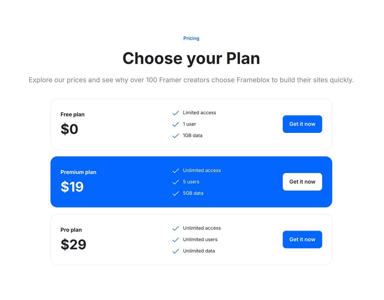 Framer Pricing Section - Frameblox UI