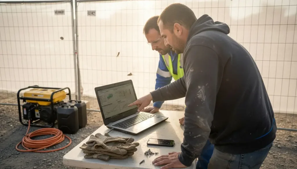 Gli operai esaminano i progetti digitali sul tavolo di lavoro in cantiere.