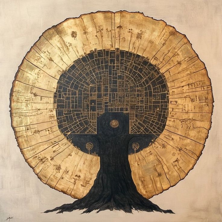 Sacred tree of life illustration with golden rings and geometric patterns representing post-ceremony integration