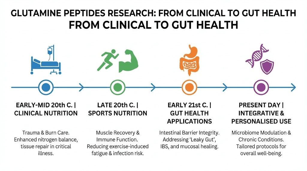 Glutamine peptides research timeline and key studies