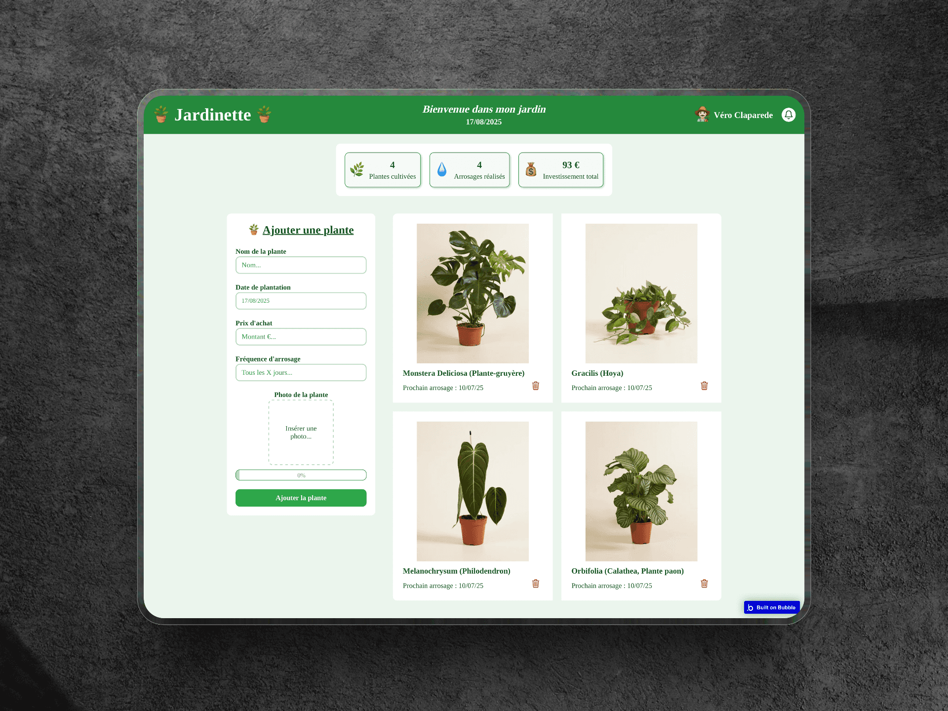 Application web créée sur Bubble pour un annuaire d'achats de plantes.