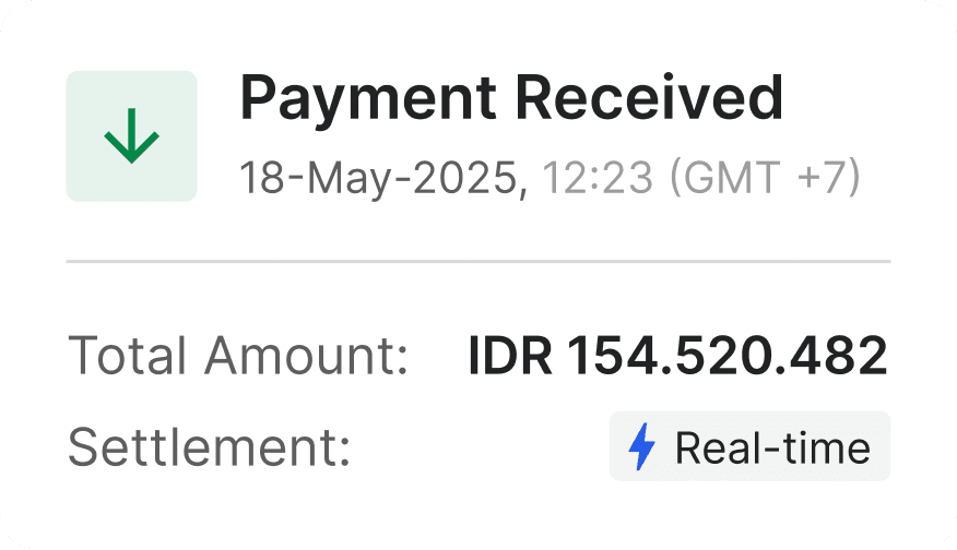 Payment received notification with real-time settlement confirmation on Durianpay