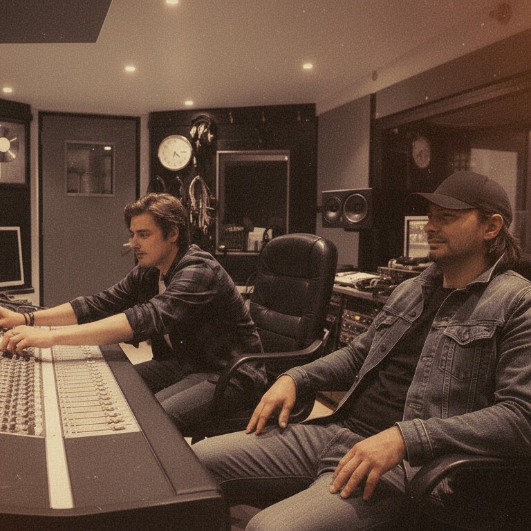 Two men working at a large studio mixing console, captured with a warm retro film-style look.