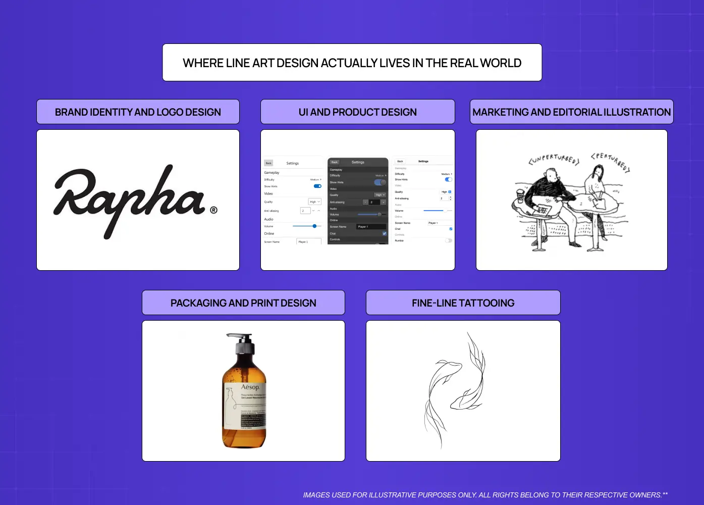 Examples demonstrating how line art is used across branding, UI design, editorial illustrations, packaging, and fine-line tattoo artwork.
