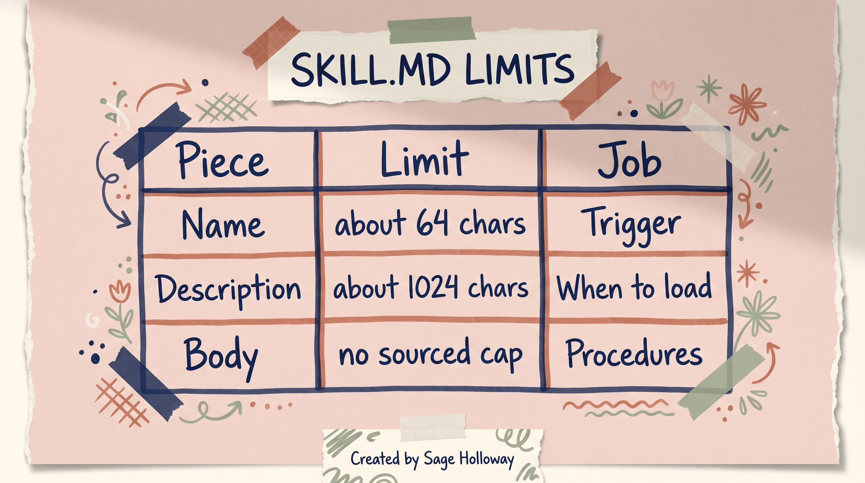 Table of Claude Code skill.md metadata limits: name about 64 characters and description about 1024 characters