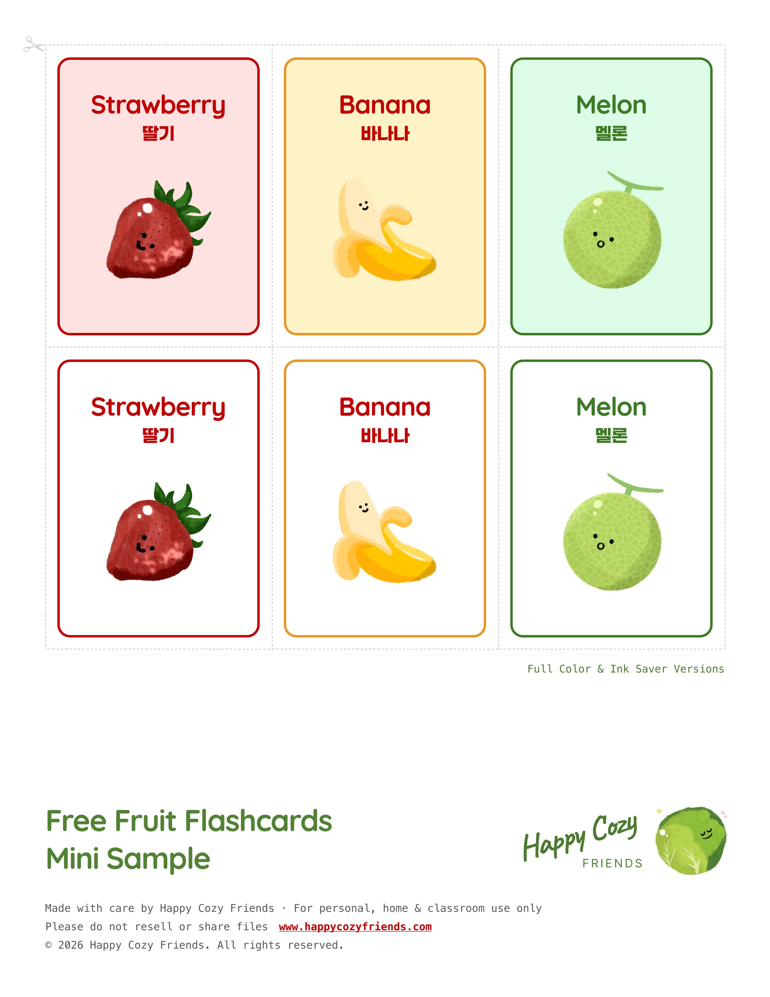 Free fruit flashcard sample preview showing strawberry, banana, and melon cards in full color and ink saver versions.