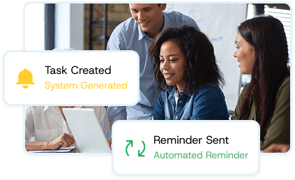 Team collaborating in an office with on-screen notifications reading “Task Created” and “Reminder Sent,” representing automated workflows powered by AI.