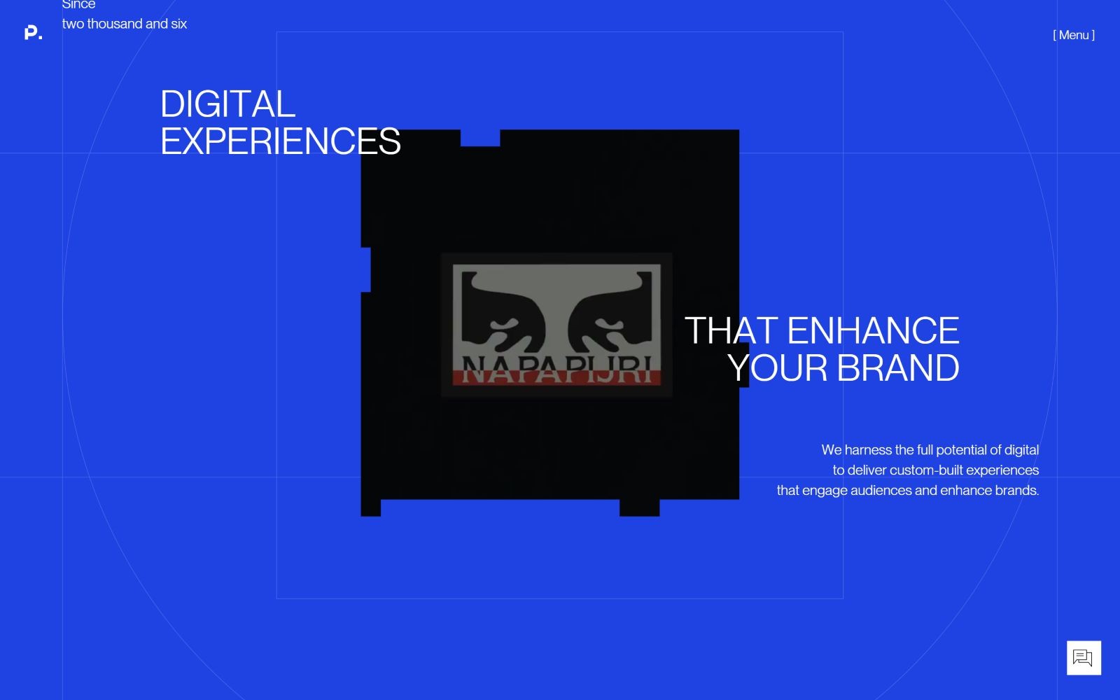 Blue background with white text: "DIGITAL EXPERIENCES" on the left, "THAT ENHANCE YOUR BRAND" on the right. Central black square.