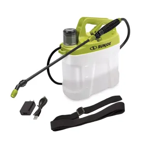 A green and white handheld sprayer with a long nozzle, hose, and adjustable strap, along with additional accessories.